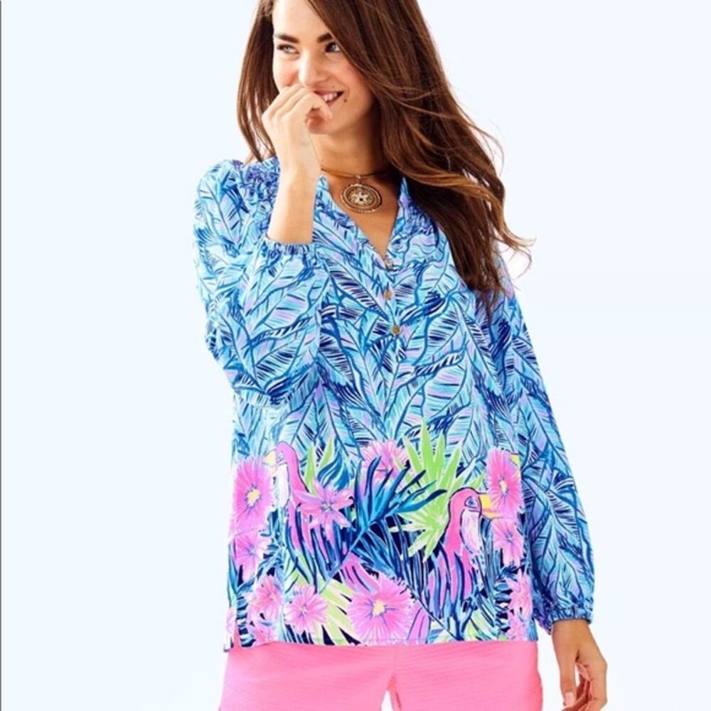 NWOT Lilly Pulitzer  SILK Top, XXS Let’s Mango Tropical Print  OVERSIZED summer